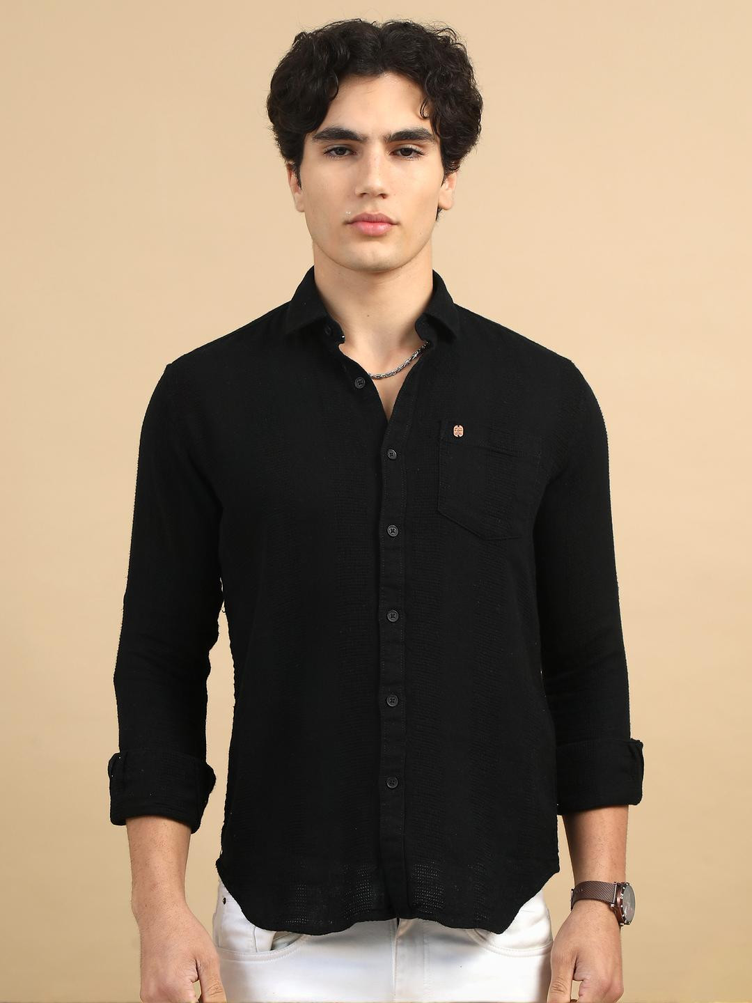 COOL COLORS Men Black Cotton Slim Fit Casual Shirt