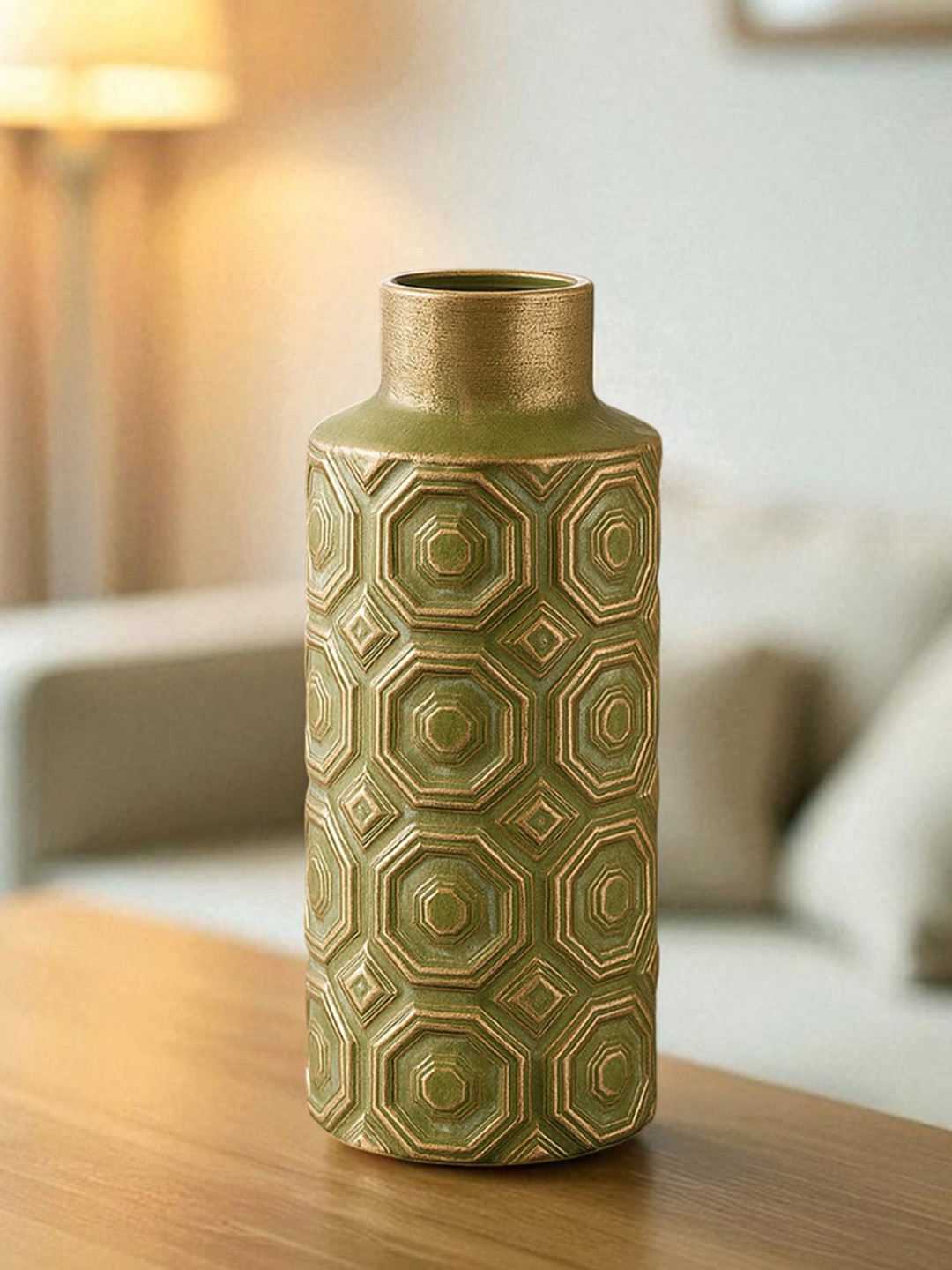 AARVI DECOR STUDIO Olive Green Decorative Bold and Vintage Ceramic Cylindrical Shaped Vase