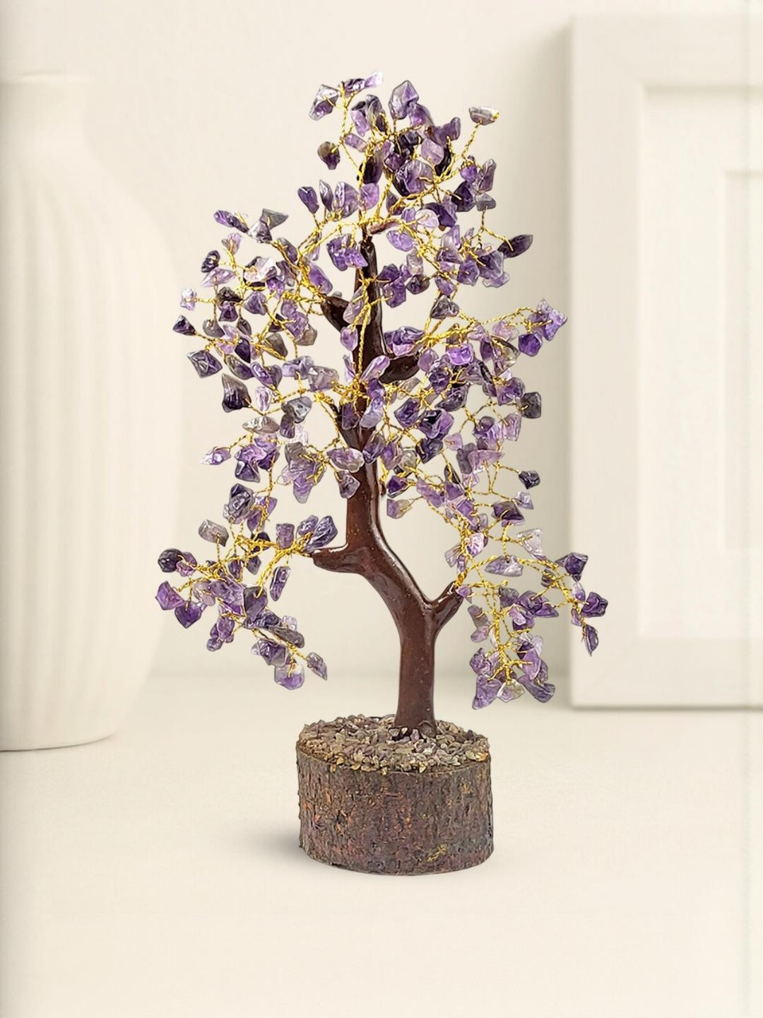 Calminds Purple Amethyst Crystal Tree Wooden Showpiece