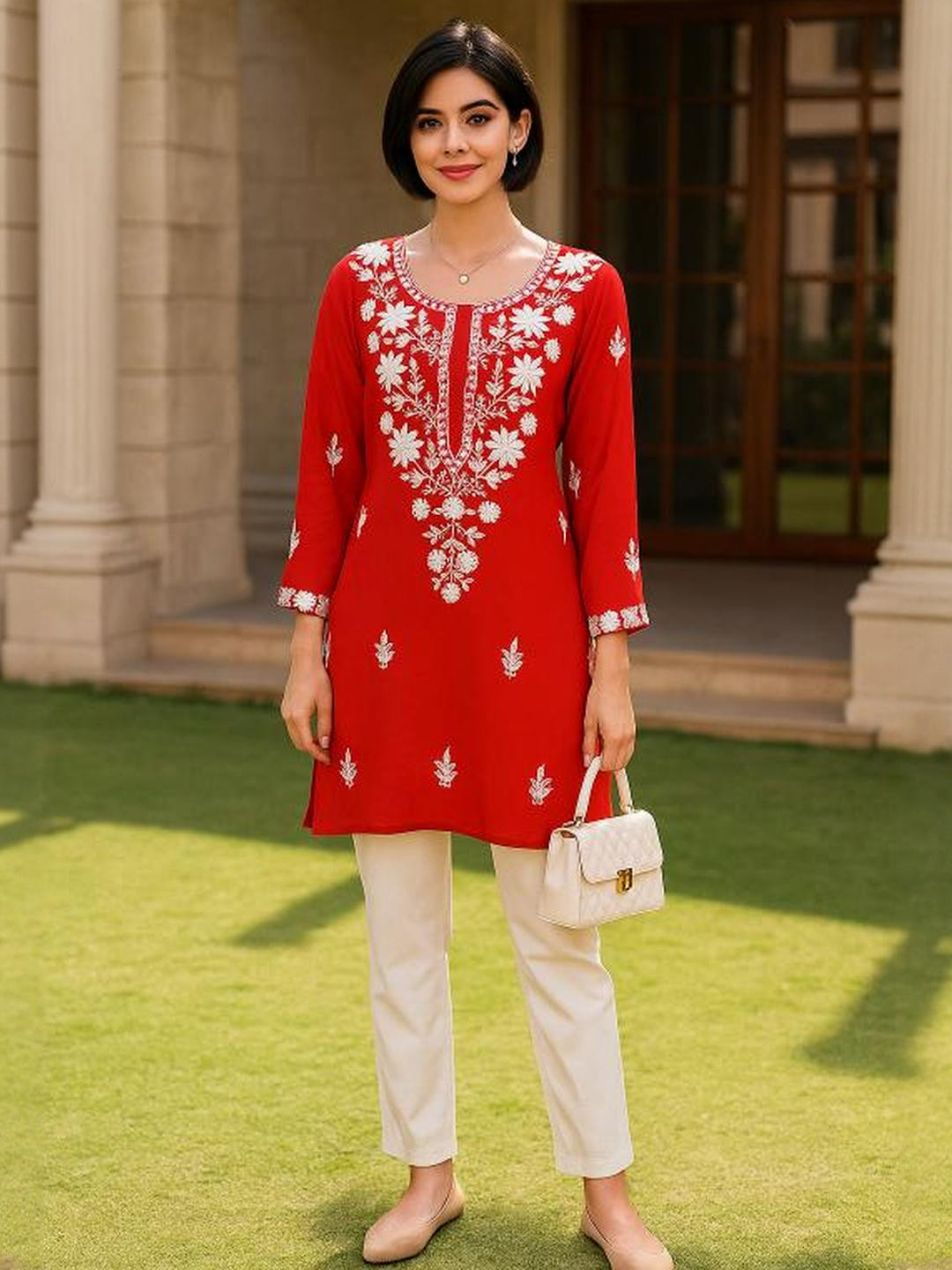 HERE&NOW Women Red Viscose Rayon Floral Embroidered Chikankari Kurti
