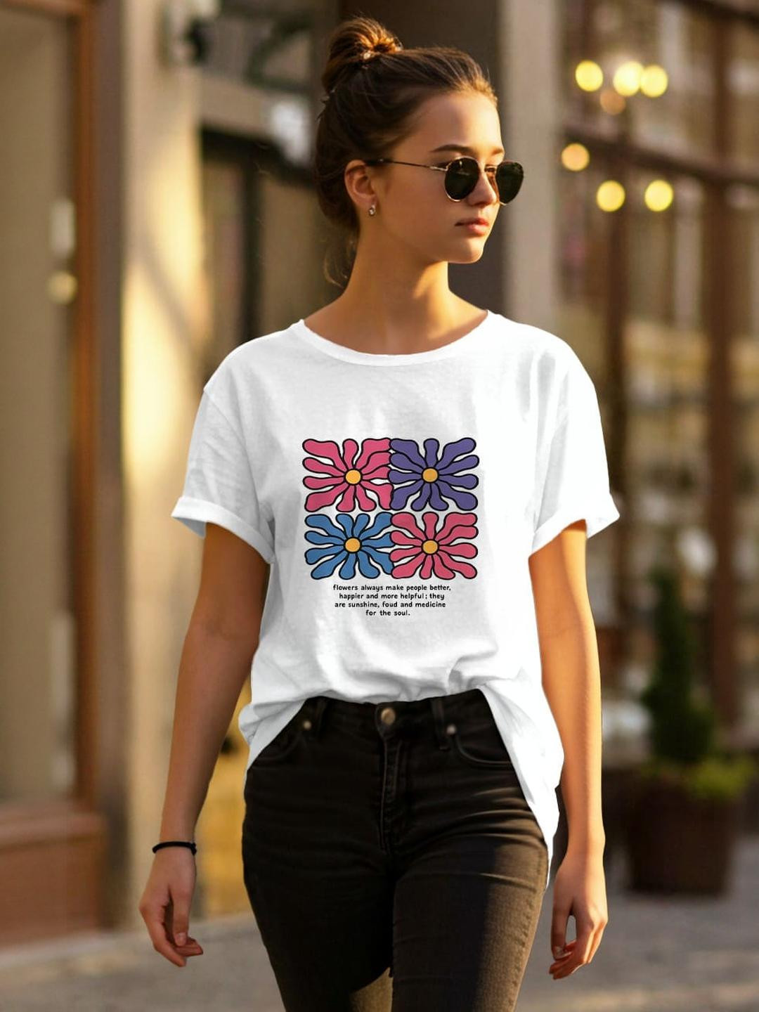 Dagcros Girls White Oversized Floral Quote Cotton Loose Fit Tee with Graphic Print T-Shirt