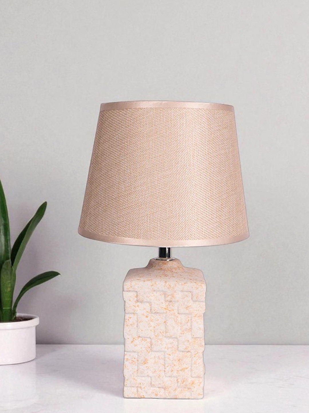 Beige Table Lamp Elegance With Innovative Design  With Jute Textured Lampshade Frustrum Shaped Ceramic Base