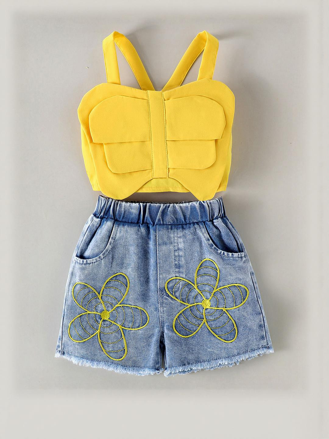 2-Pc Daisy Blouse & Denim Shorts