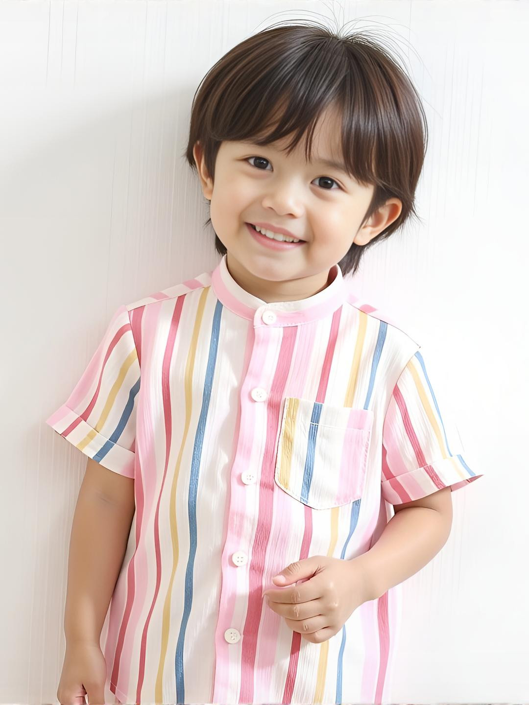 KIDGARB Boys Pink & Blue Striped Mandarin Collar Polycotton Shirt With Chest Pocket