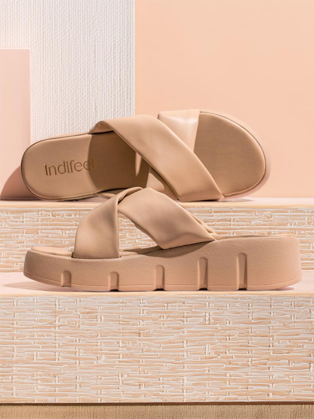 Indifeet Women Open Toe Chunky Beige Platform Heel Sandals