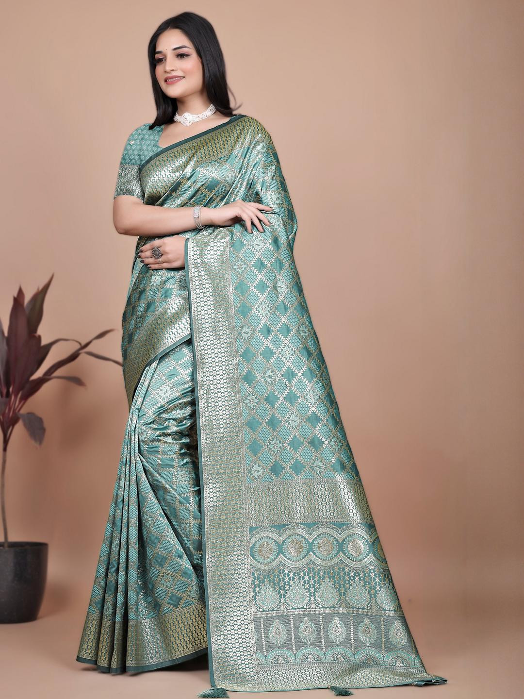 Divastri Peaclck Blue Silk Blend With Woven Design Border Printed Banarsi Saree For Women