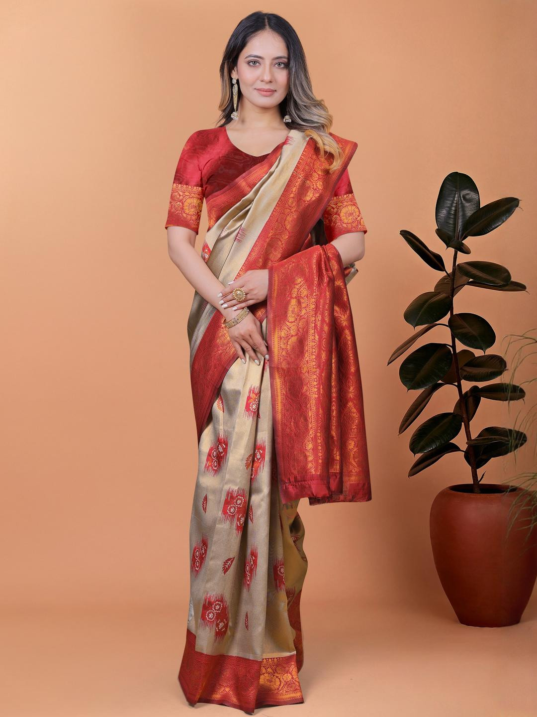 Divastri Red Silk Blend Woven Banarsi Zari Saree For Women