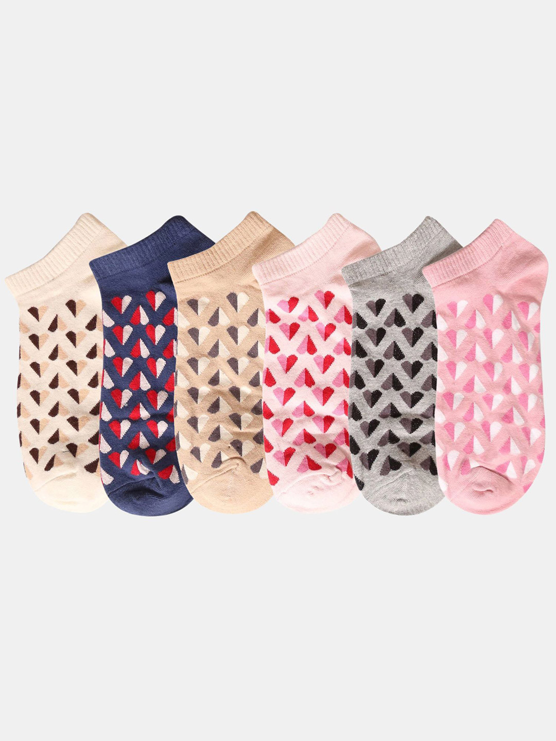 N2S NEXT2SKIN Women Pack Of 6 Assorted Heart Pattern Cotton Ankle-Length Socks