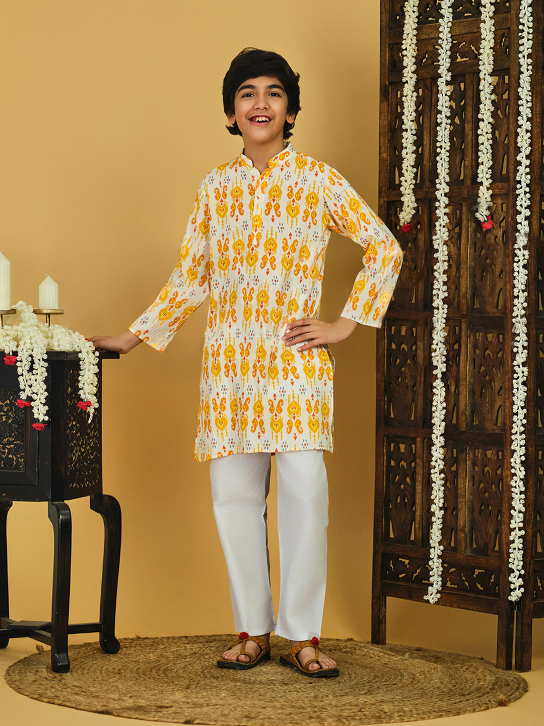 YK X Trampoline Boys Woven Cotton Long Sleeves Geometric Printed Kurta Pajama Set