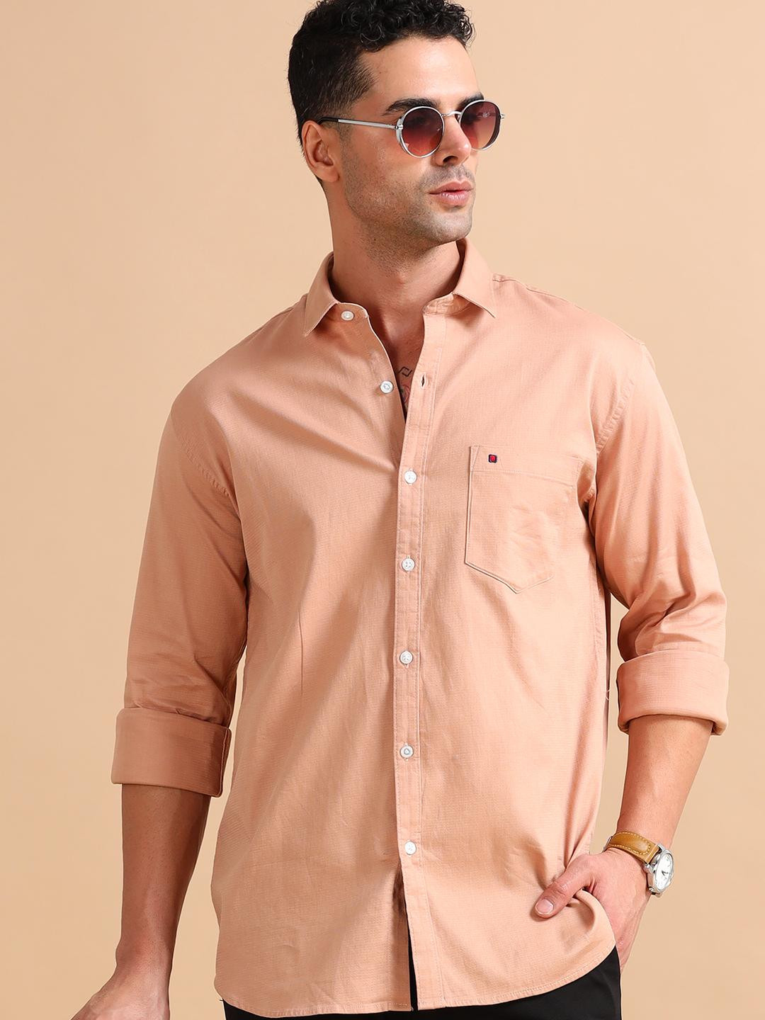 COOL COLORS Men Dark Beige Slim Fit Solid Full Sleeve Casual Shirt