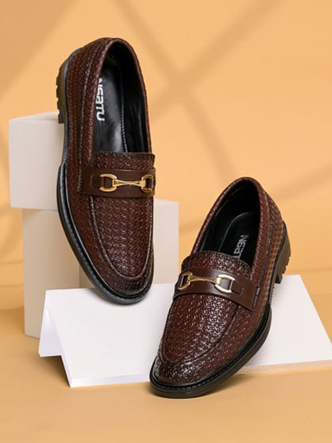 NAATU Men Textured Slip-On Formal Loafers With Buckles