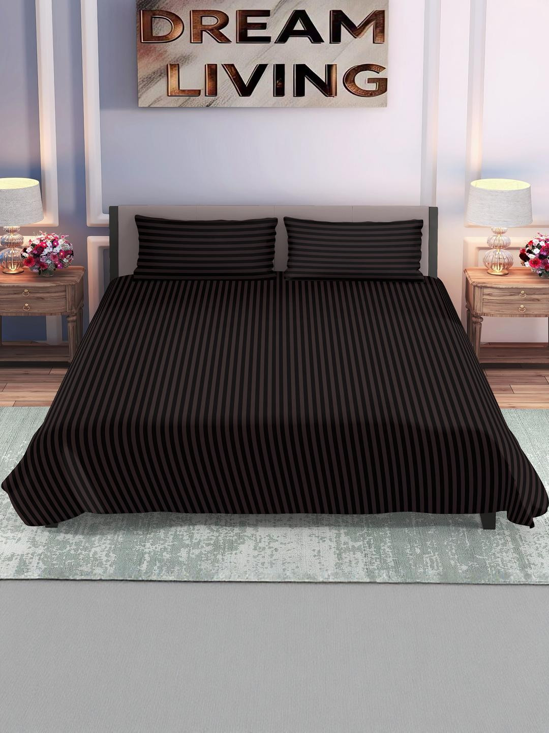 DREAM LIVING Plain Stripe Flat King Size Bedsheet Set-1+2