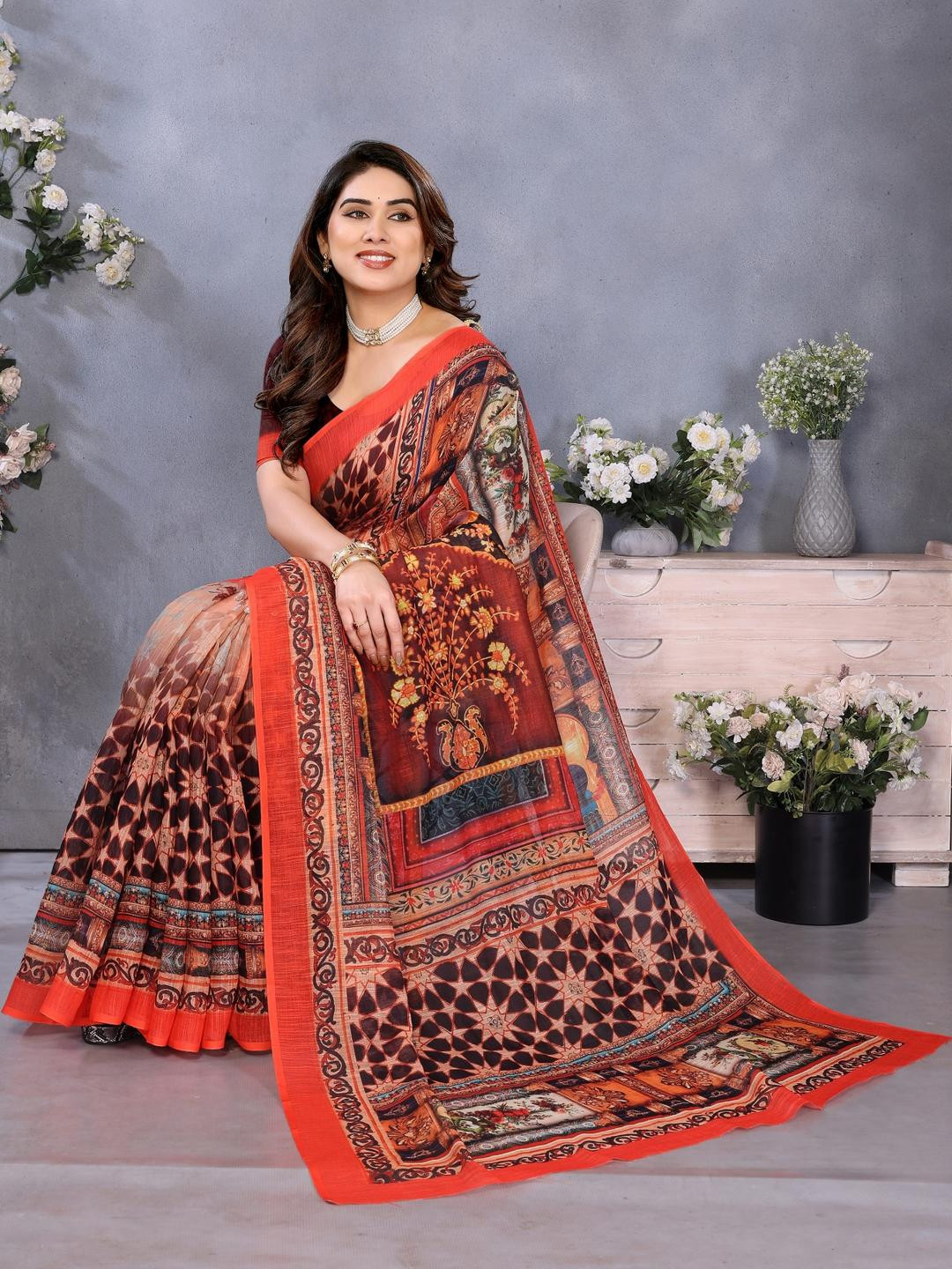 VJ FASHION Women Plain Linen Digital Printed Saree with Unstitched Blouse Piece