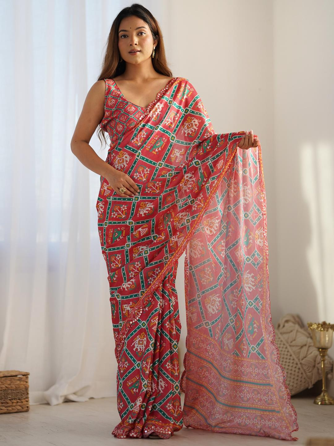 Sangria Women Red & Multi Colored Floral Gotta Patti Poly Chiffon Designer Saree