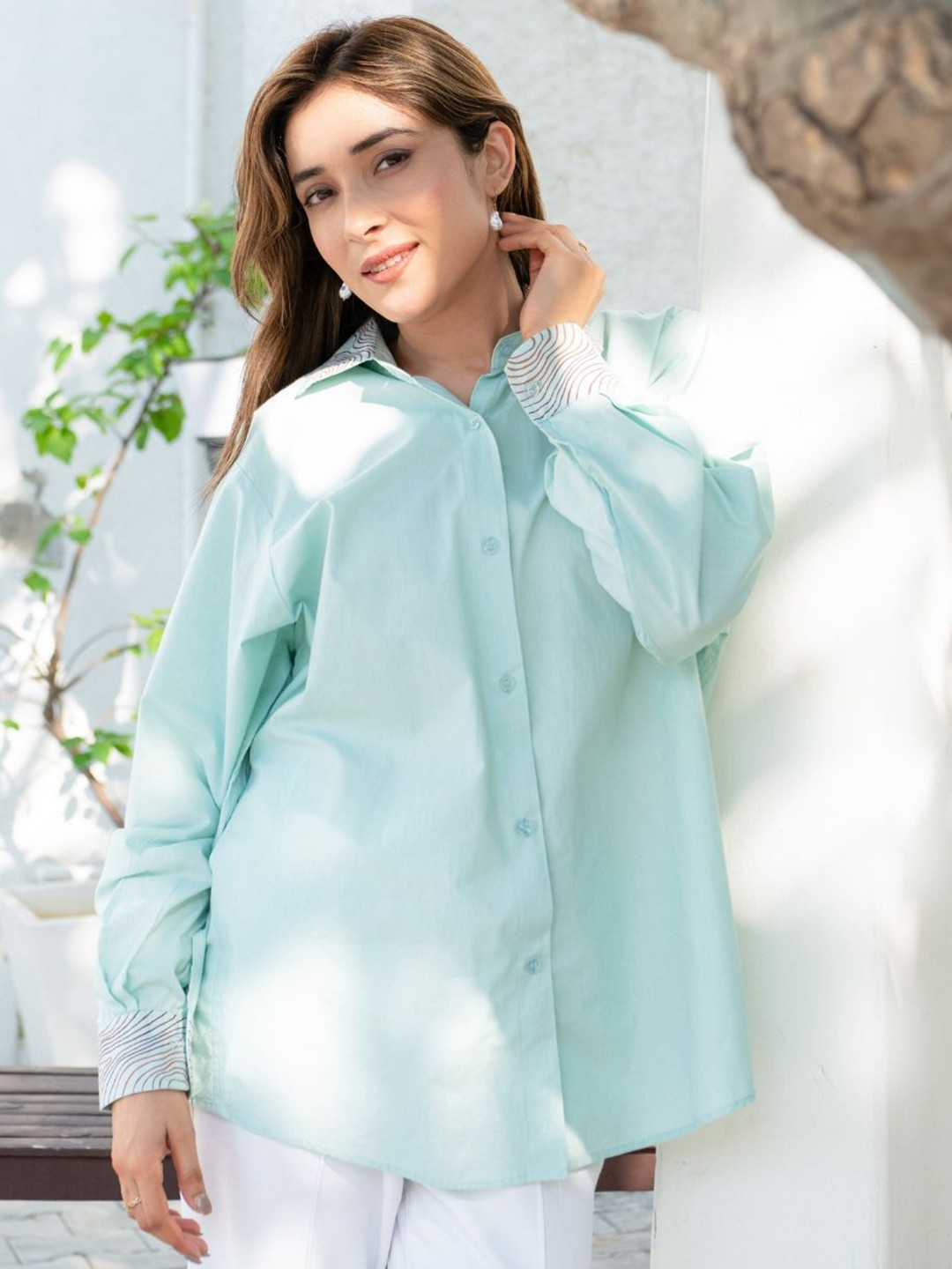 OCTOBER Women Mint Drift Handpainted Oversized Cotton Shirt