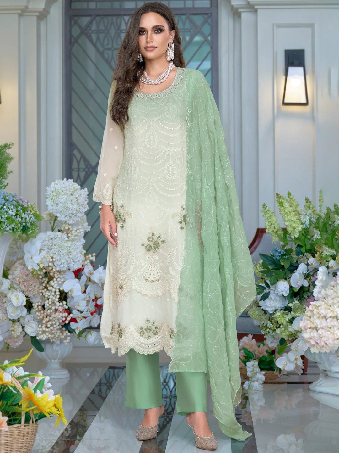 AUTUMN LANE Women Ethnic Motifs Embroidered Kaynat Fern Full Work Kurta Set & Dupatta