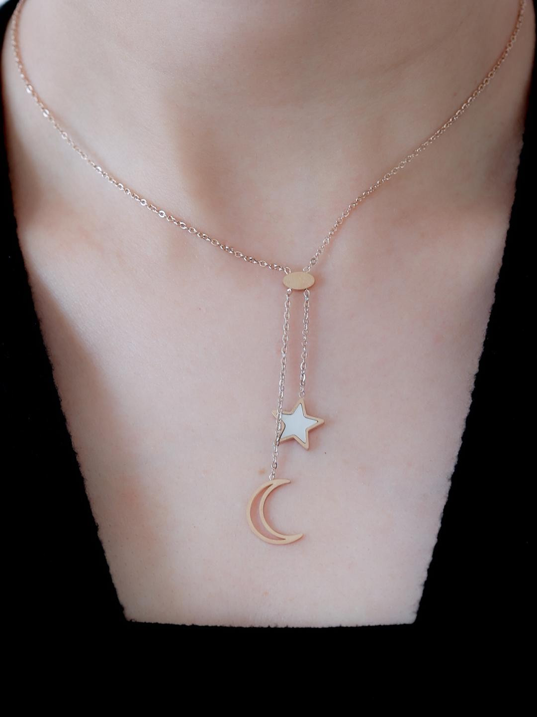 LOLO LePA 18k Rose Gold Plated Stainless Steel Moon & Star Charm Necklace