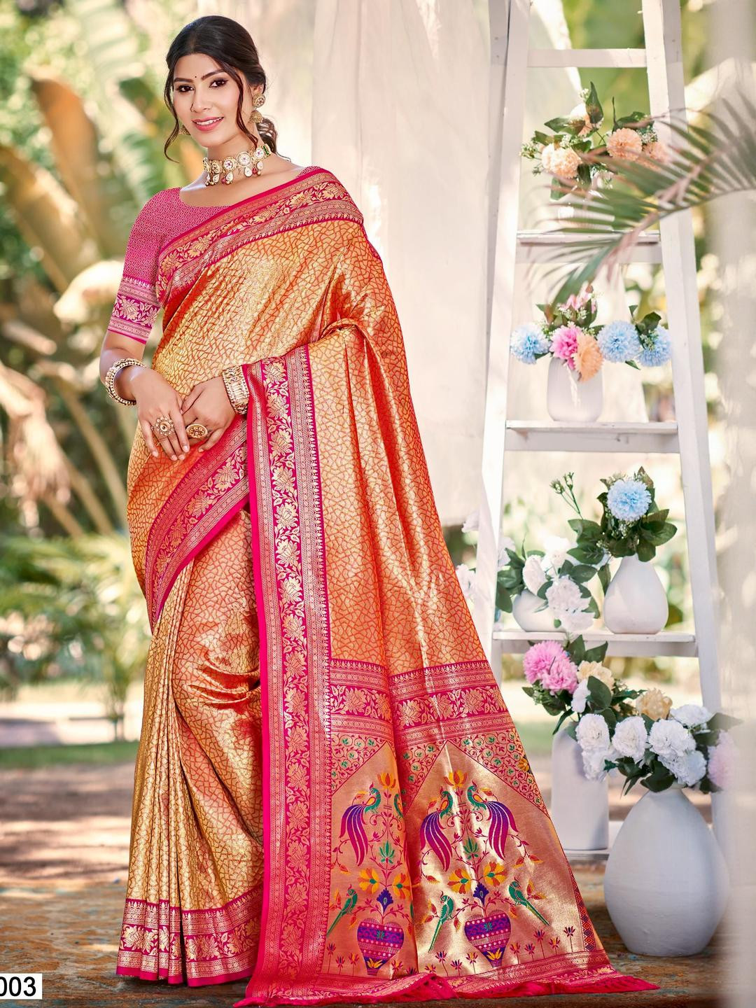 SANGAM PRINTS Floral Woven Design Zari Kanjivaram Silk Tussar Saree With Blouse Pieces