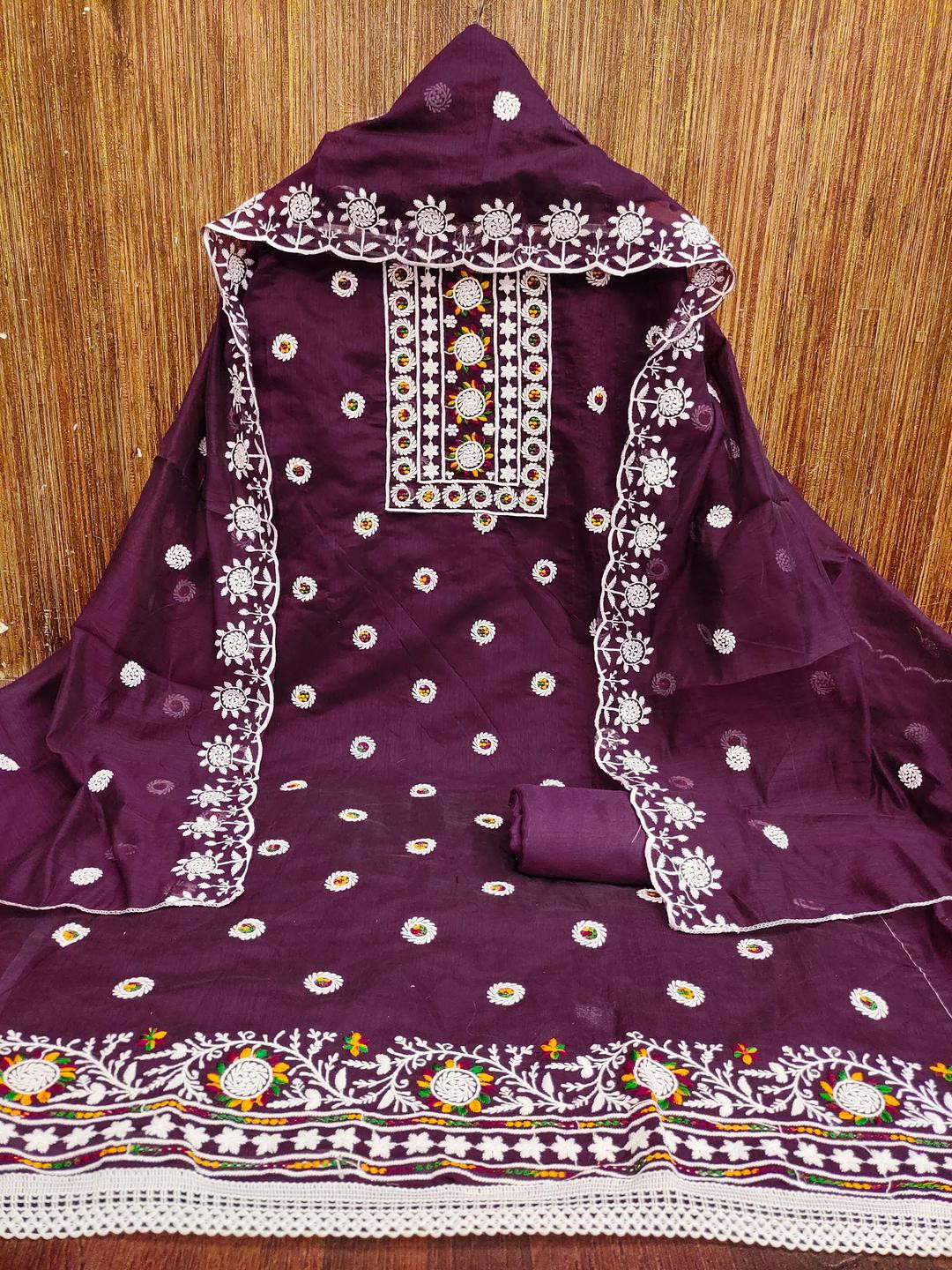 Violet Chanderi Cotton Embroidered Dress Material with Dupatta  Kalini