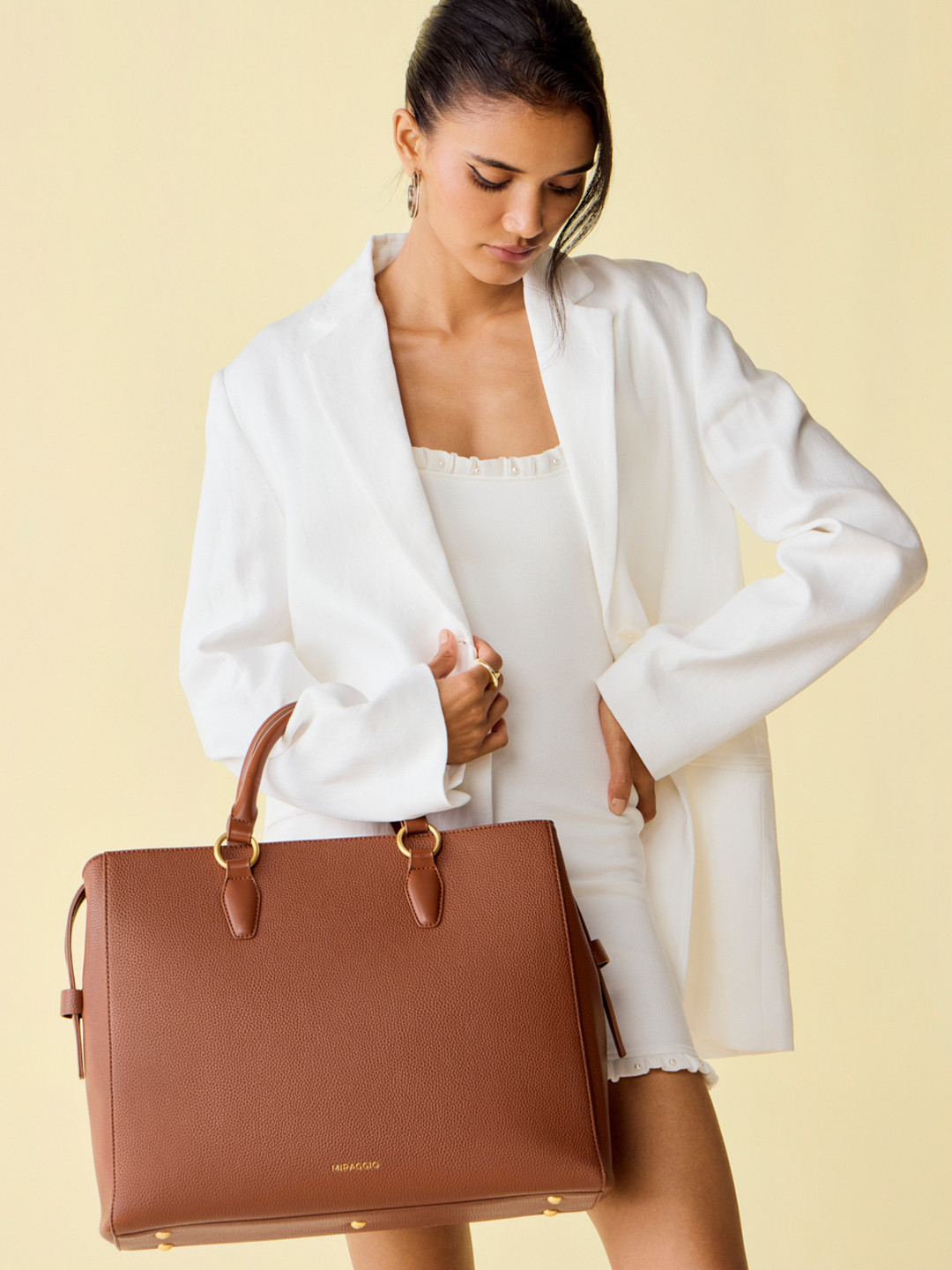 MIRAGGIO Melissa Brown Structured Tote Bag with Adjustable & Detachable Crossbody Strap