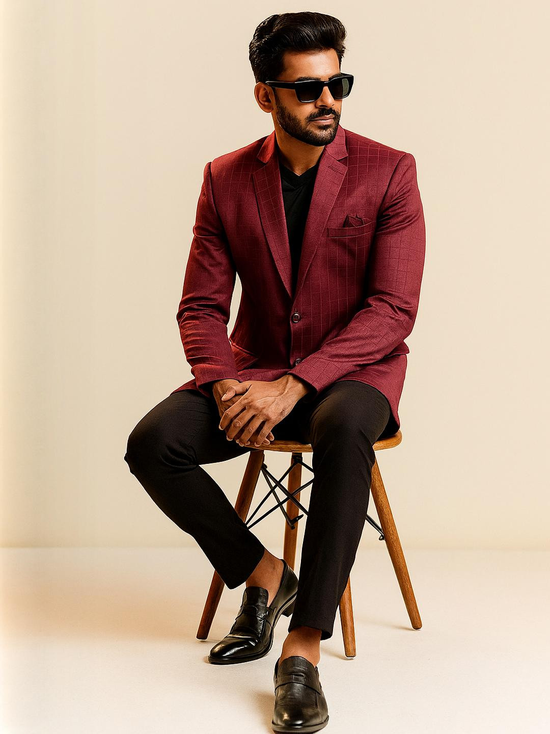 SHAHI ACHKAN Men Regular Fit Maroon Checked Blazer