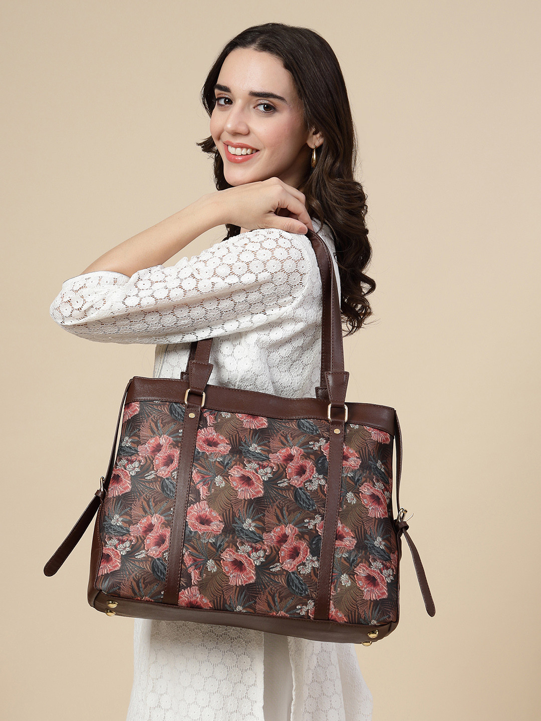 Anouk Women Brown Color Floral Printed Structured  Casual Tote Bag
