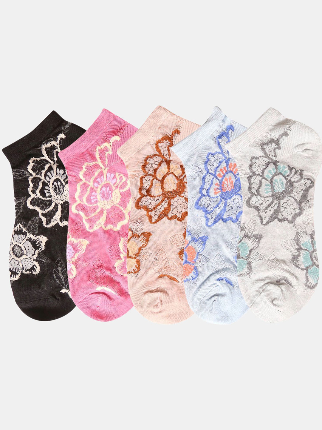 N2S NEXT2SKIN Women Pack Of 5 Assorted Sneaker Length Flowered Pattern Cotton Socks