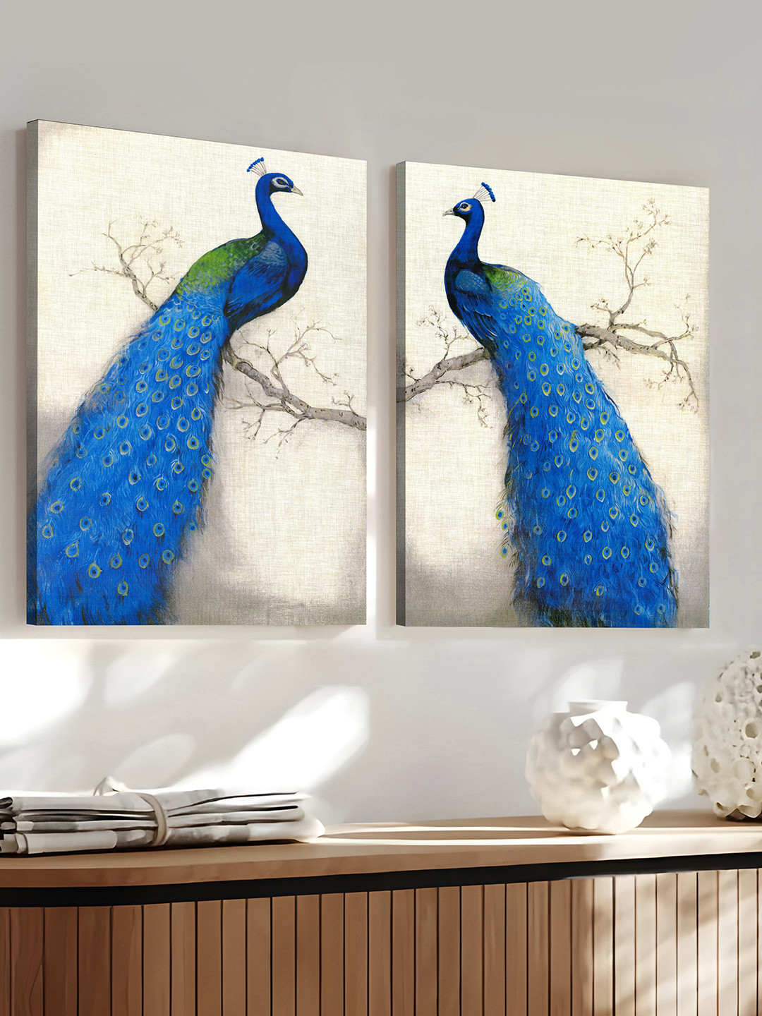 Art Street Beige & Blue 2 Pieces Canvas Birds And Animals Wall Art