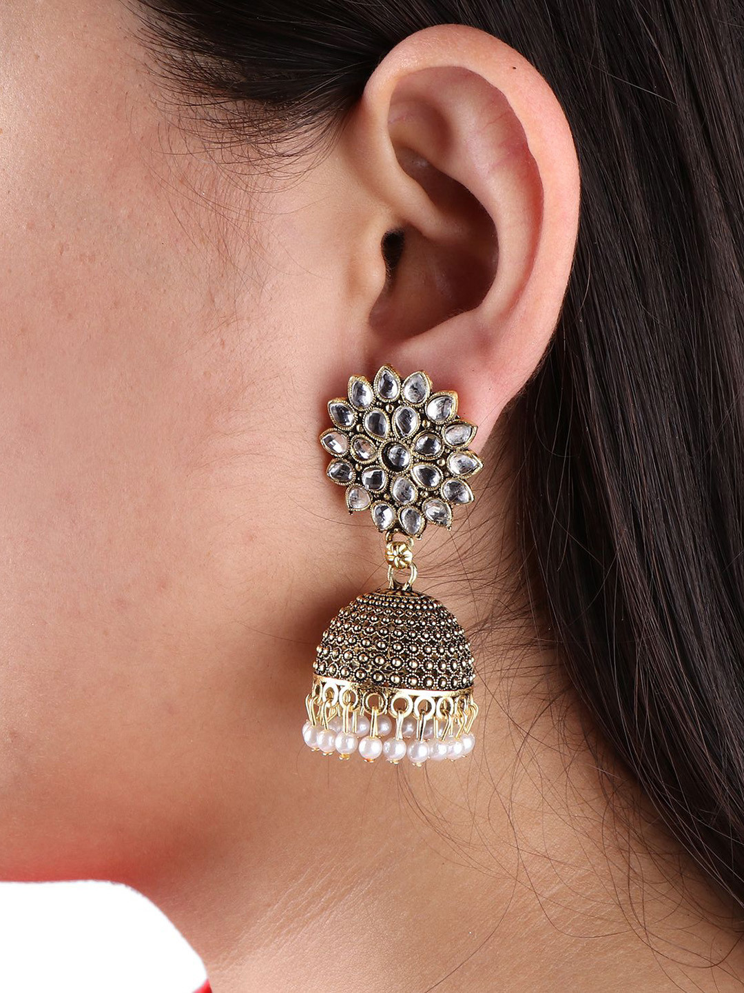 VIKESA Gold-Plated Kundan Studded & Artificial Beaded Dome Shaped Jhumkas
