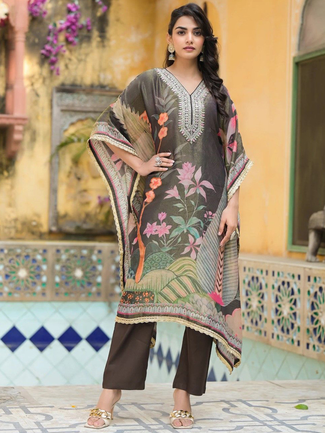 AUTUMN LANE Pavitra Floral Printed V-Neck Sequinned Organza Kaftan Kurta With Trousers