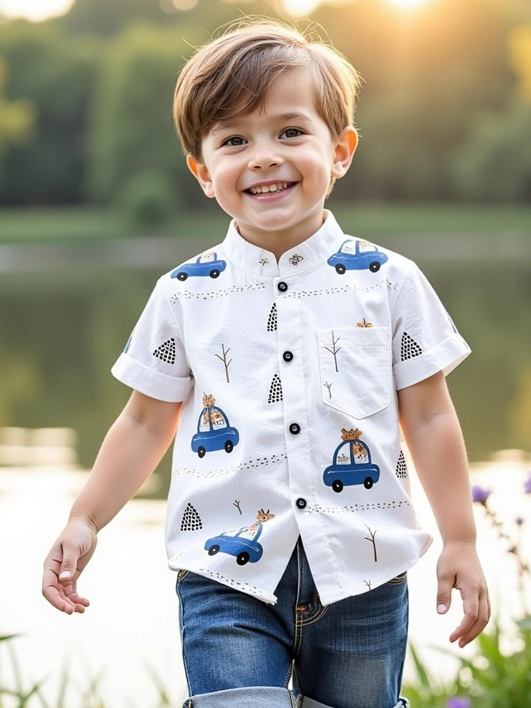 KIDGARB Boys White & Blue Graphic Printed Short Sleeve Casual Shirt.