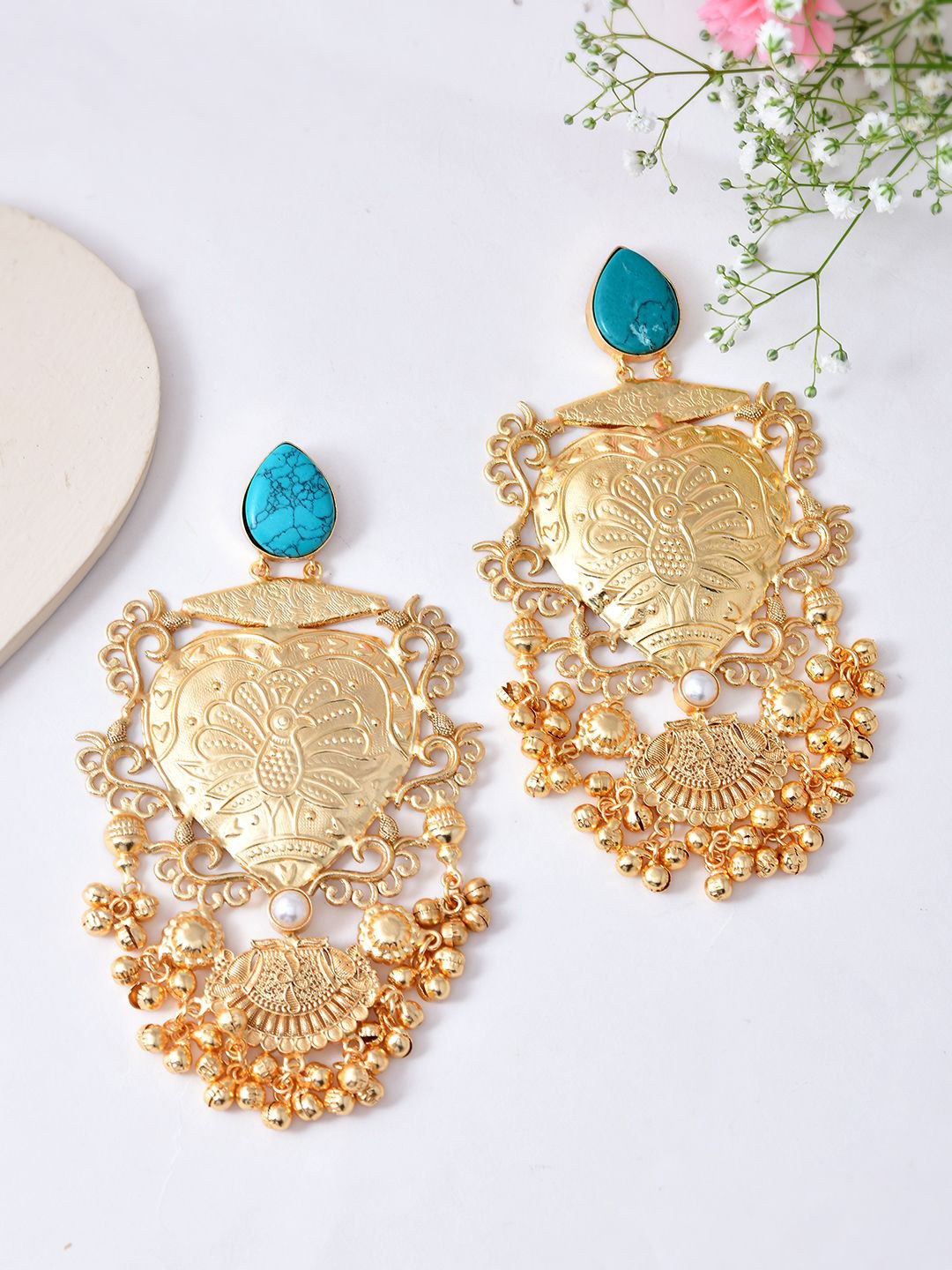 Silvermerc Designs Gold-Toned Artificial Stones Statement Temple Classic Drop Earrings