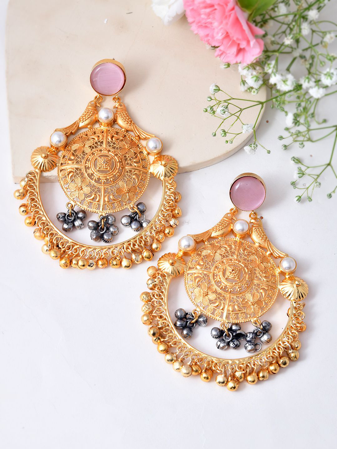 Silvermerc Designs Gold-Plated Pearl & Ghungroo Traditional Classic Drop Earrings