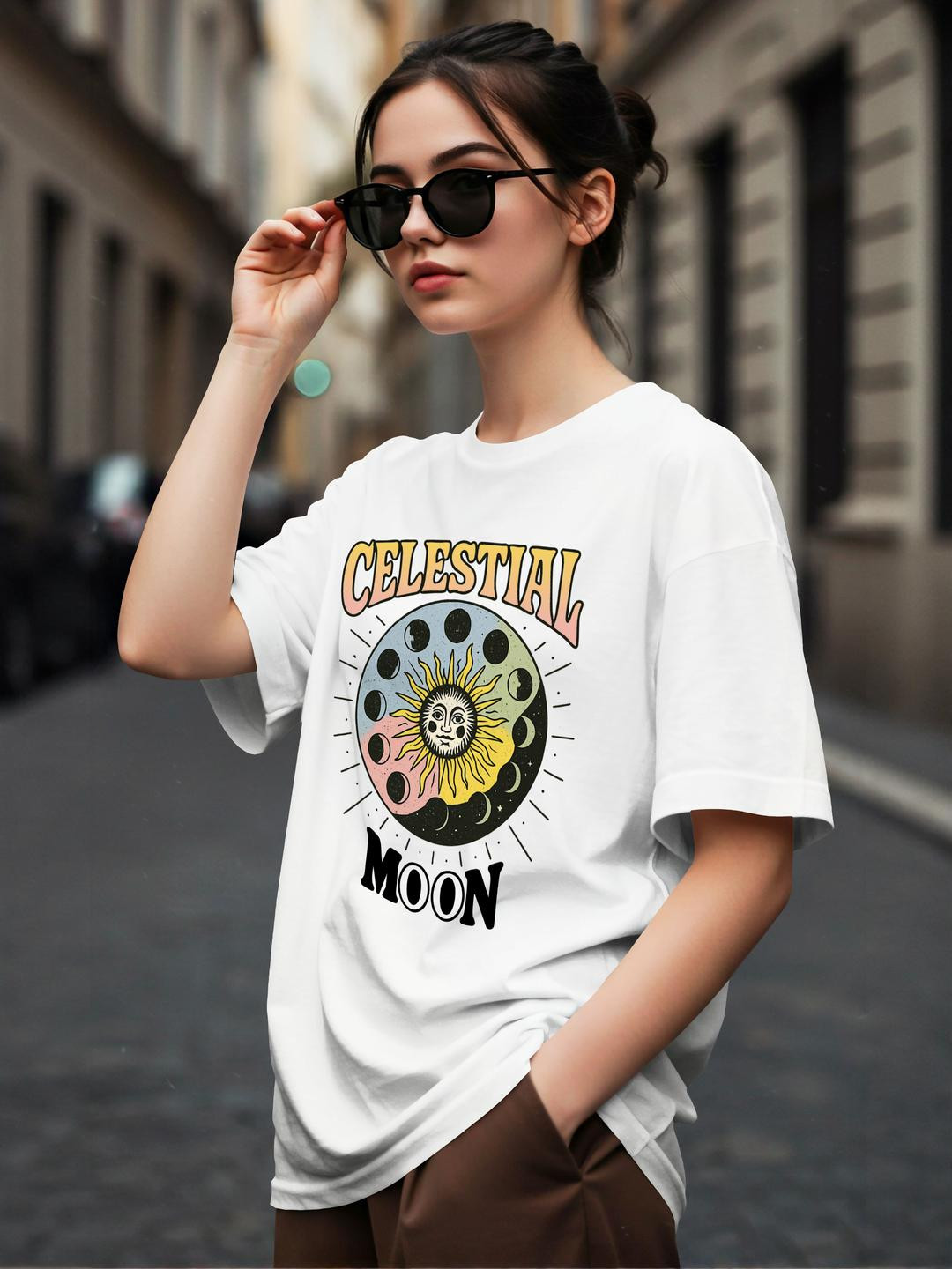 Dagcros Women Oversized Celestial Moon Graphic T-Shirt