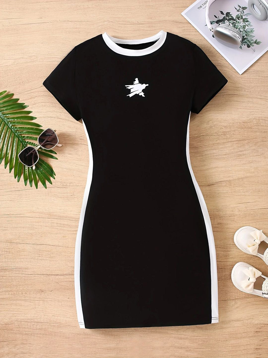 Miss & Chief Girls Star Printed Round Neck Bodycon Dress