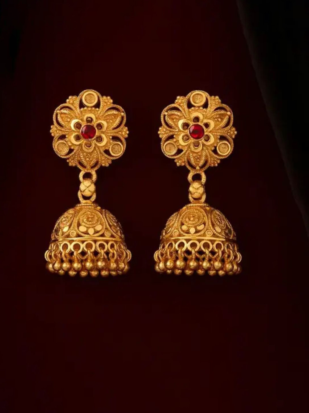 MA FASHION Gold-Plated Artificial Stones Studded And Ghungroo Beaded Dome Shaped Jhumkas