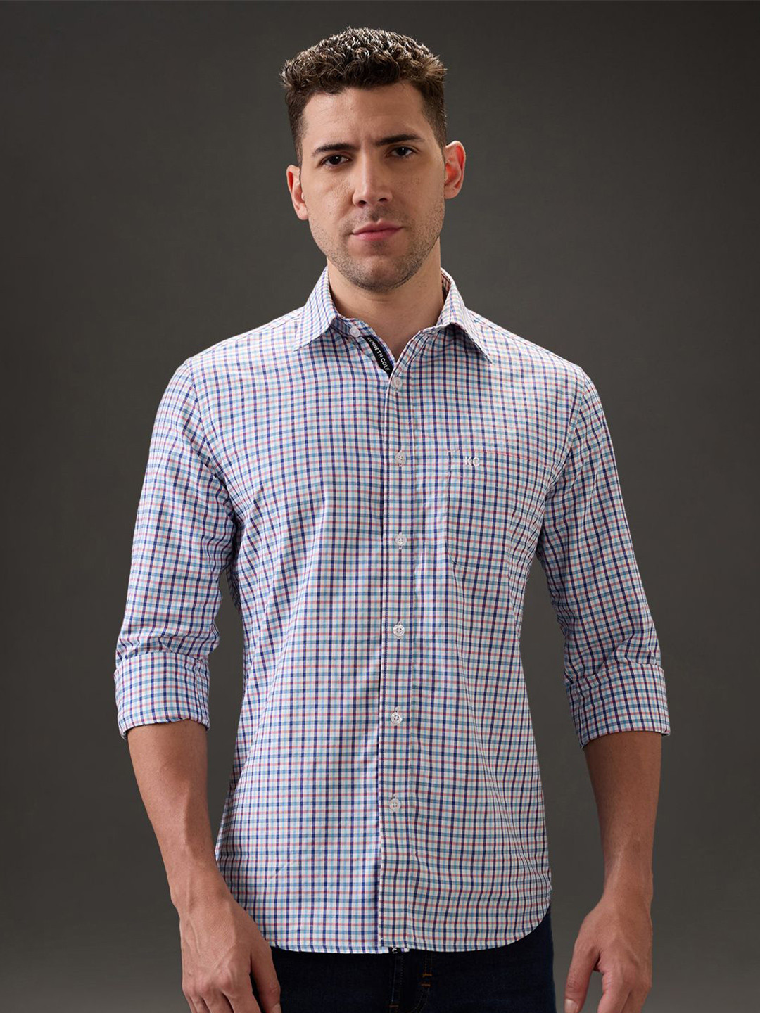 Kenneth Cole Men Slim Fit Gingham Checked Spread Collar Cotton Casual Shirt