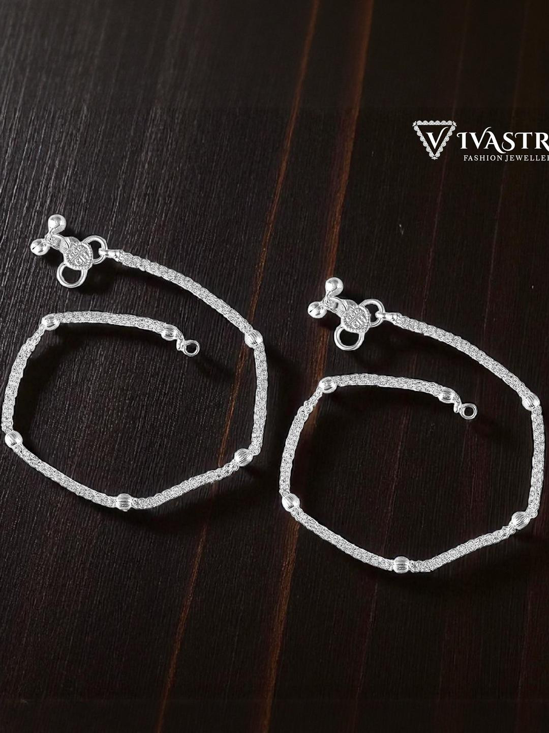 VIVASTRI Women 2 Pcs White Silver-Plated Artificial Beads Metal Anklets