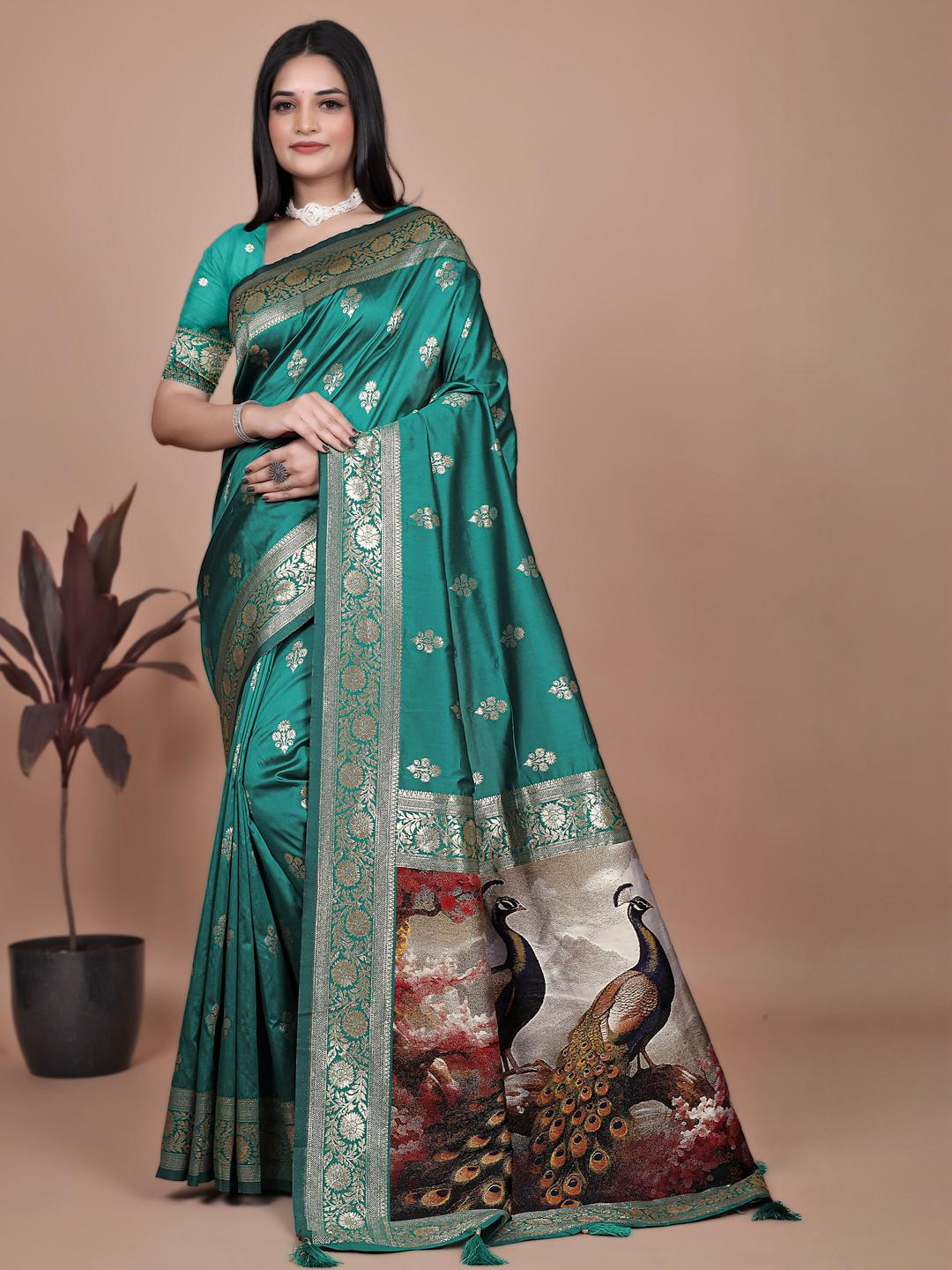 Divastri Rama Silk Blend Ethnic Motifs Woven Design Banarasi Saree For Women