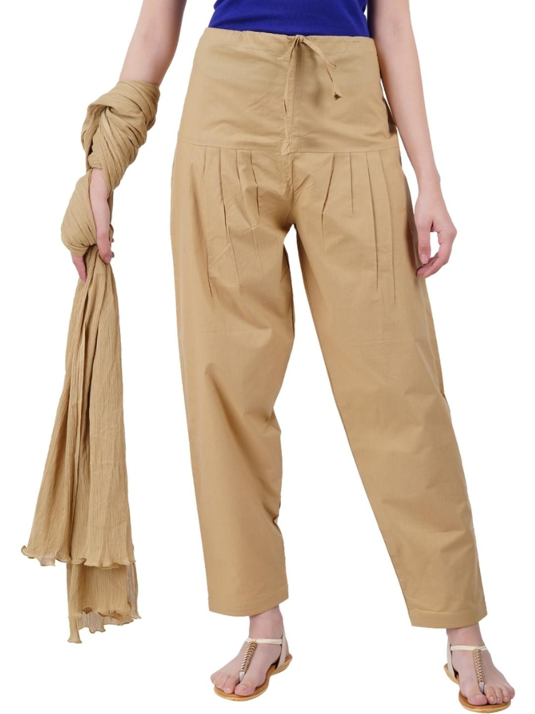 Happy Bunny Women 2 Pcs Beige Straight Fit Cotton Salwar With Solid Dupatta