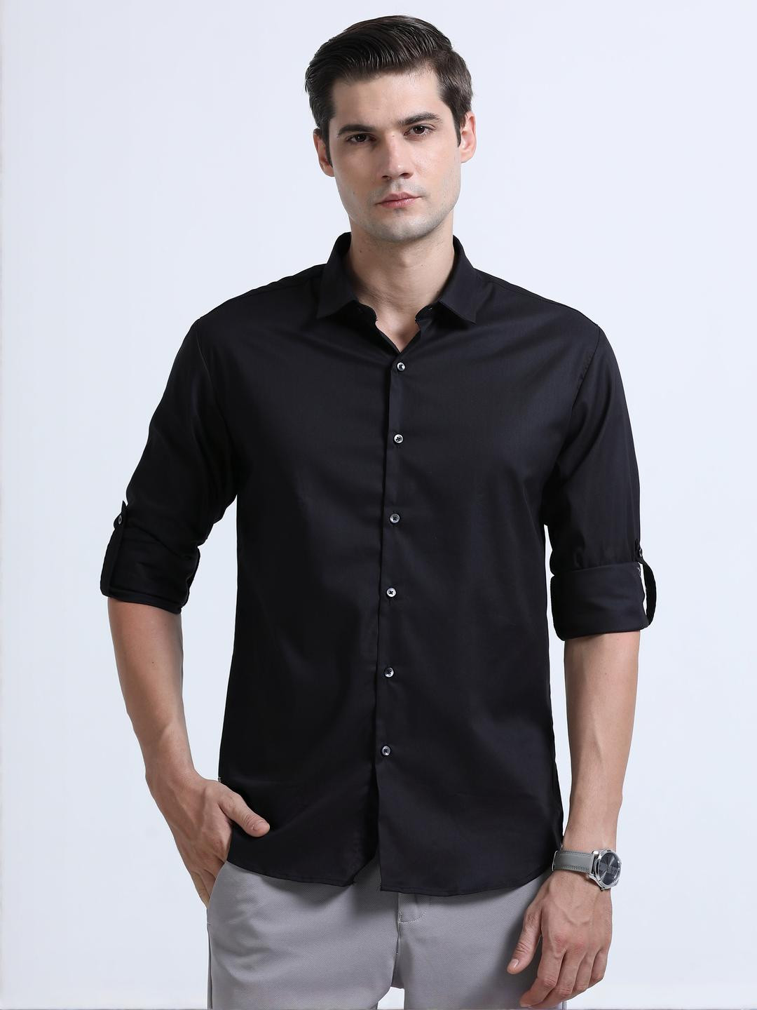 COOL COLORS Men Black Slim Fit Cotton Casual Shirt