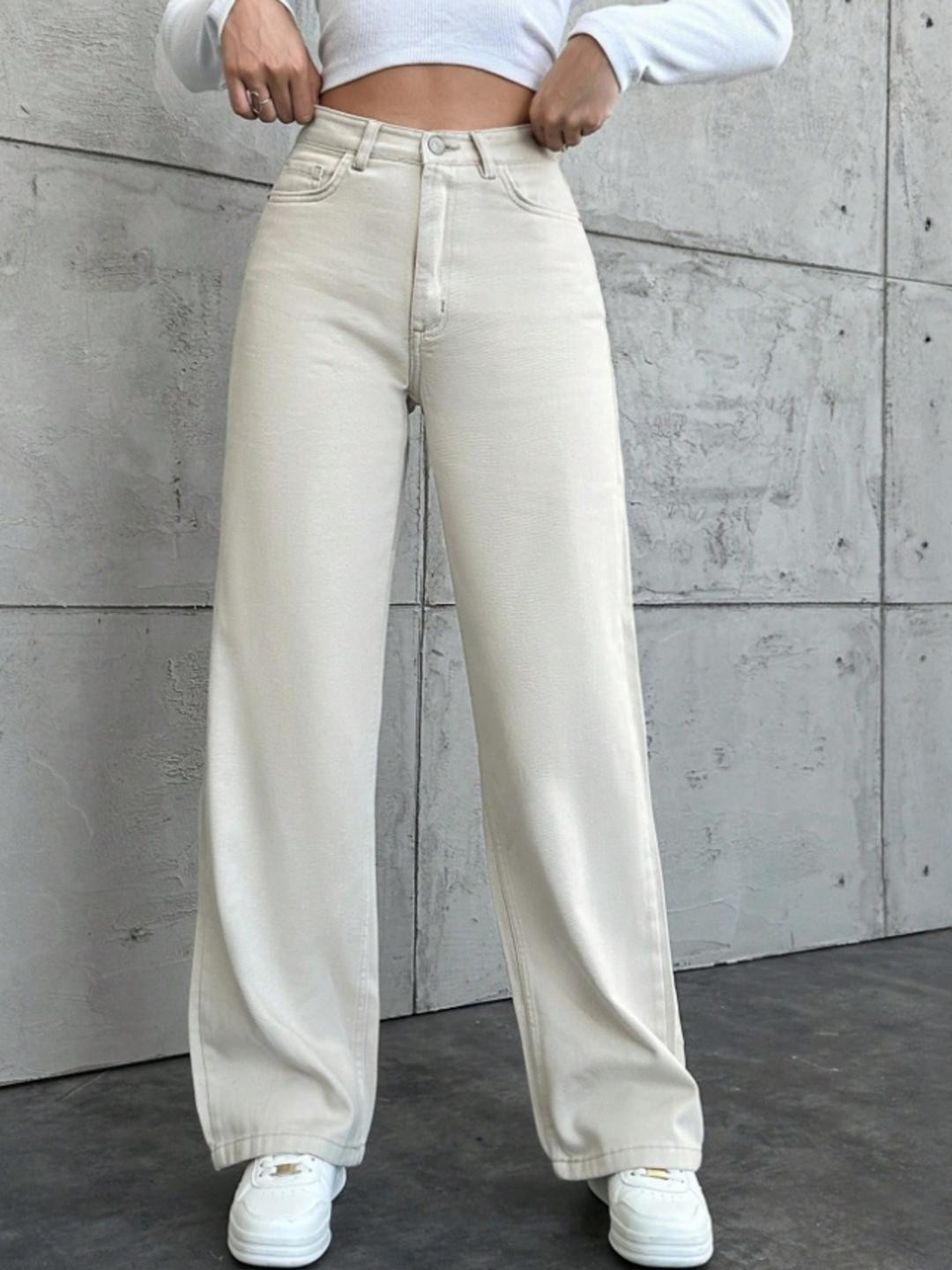 FMW Women Cream Wide Leg High-Rise Jeans