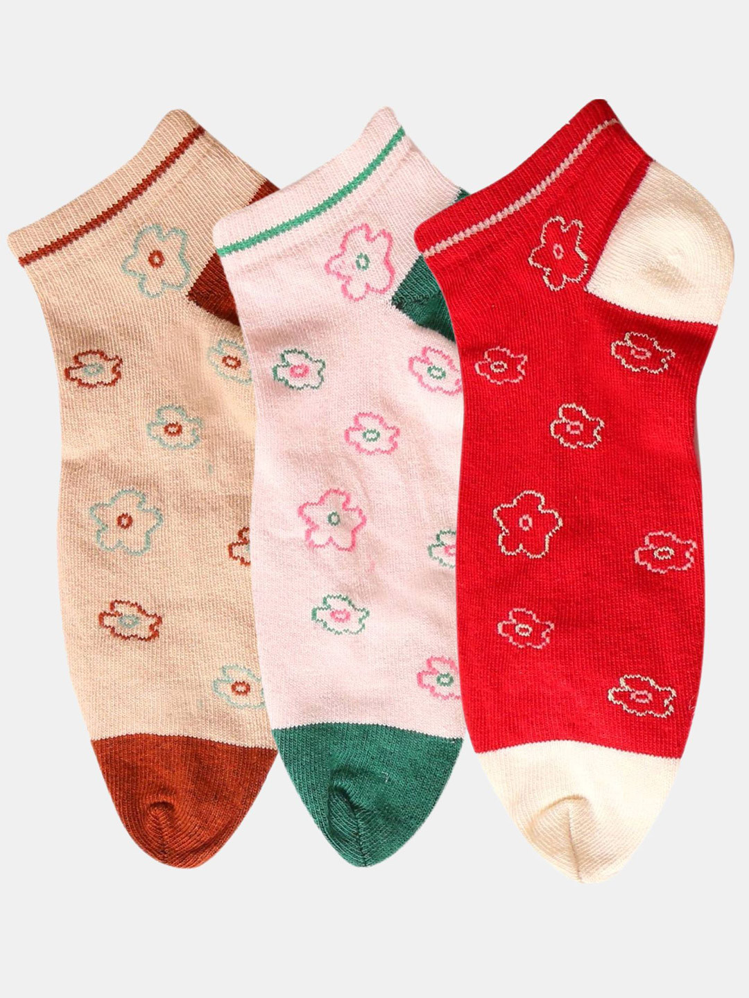 N2S NEXT2SKIN Women Pack Of 3 Sneaker Length Floral Pattern Cotton Thumb Socks