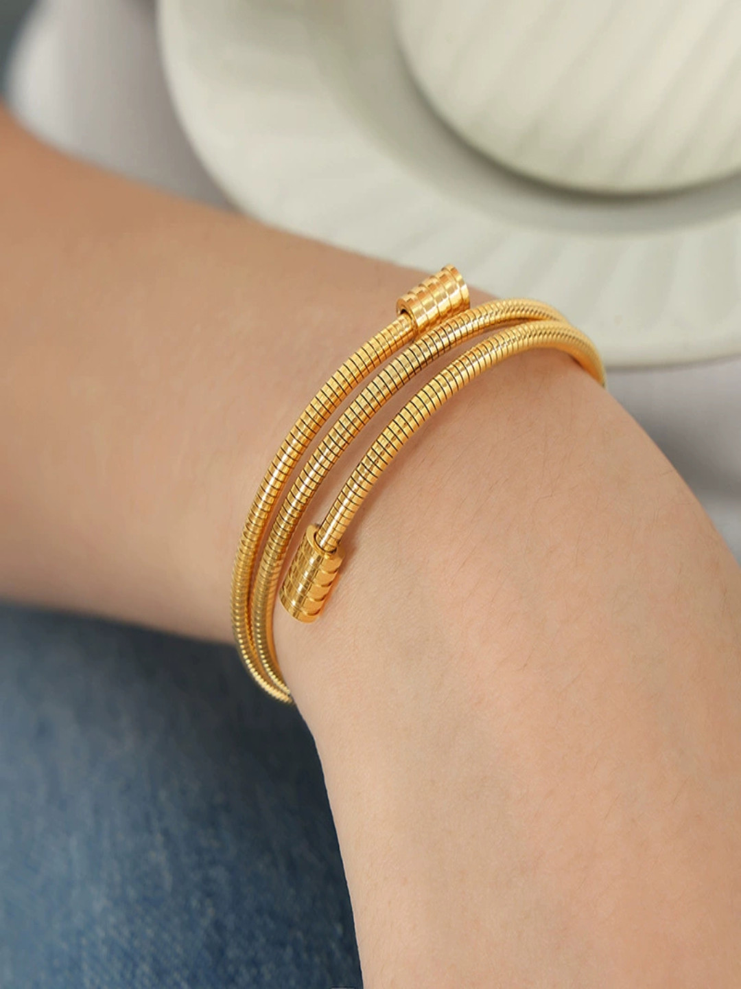 AQUASTREET 18K Gold Plated Waterproof Anti-Tarnish Wraparound Snake Bone Bracelet