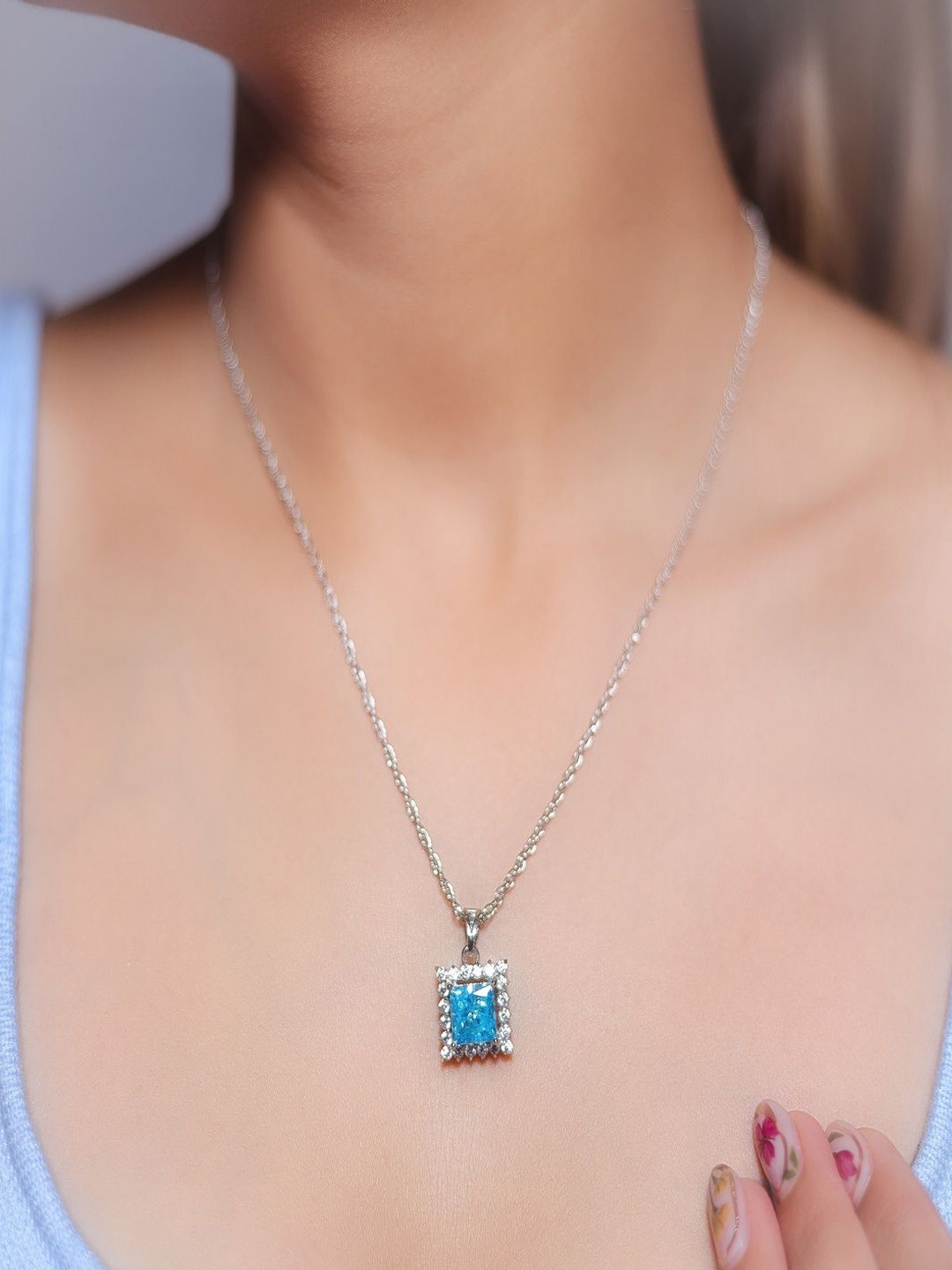 TASSYA Silver-Plated Aquamarine Studded Square Shaped Pendant With Chain