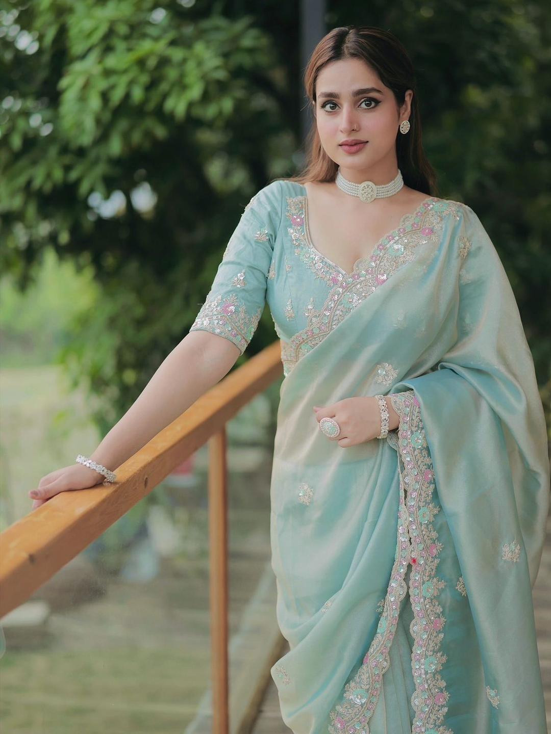 A.G.M.G FASHION Floral Woven Design Beads and Stones Organza Designer Saree