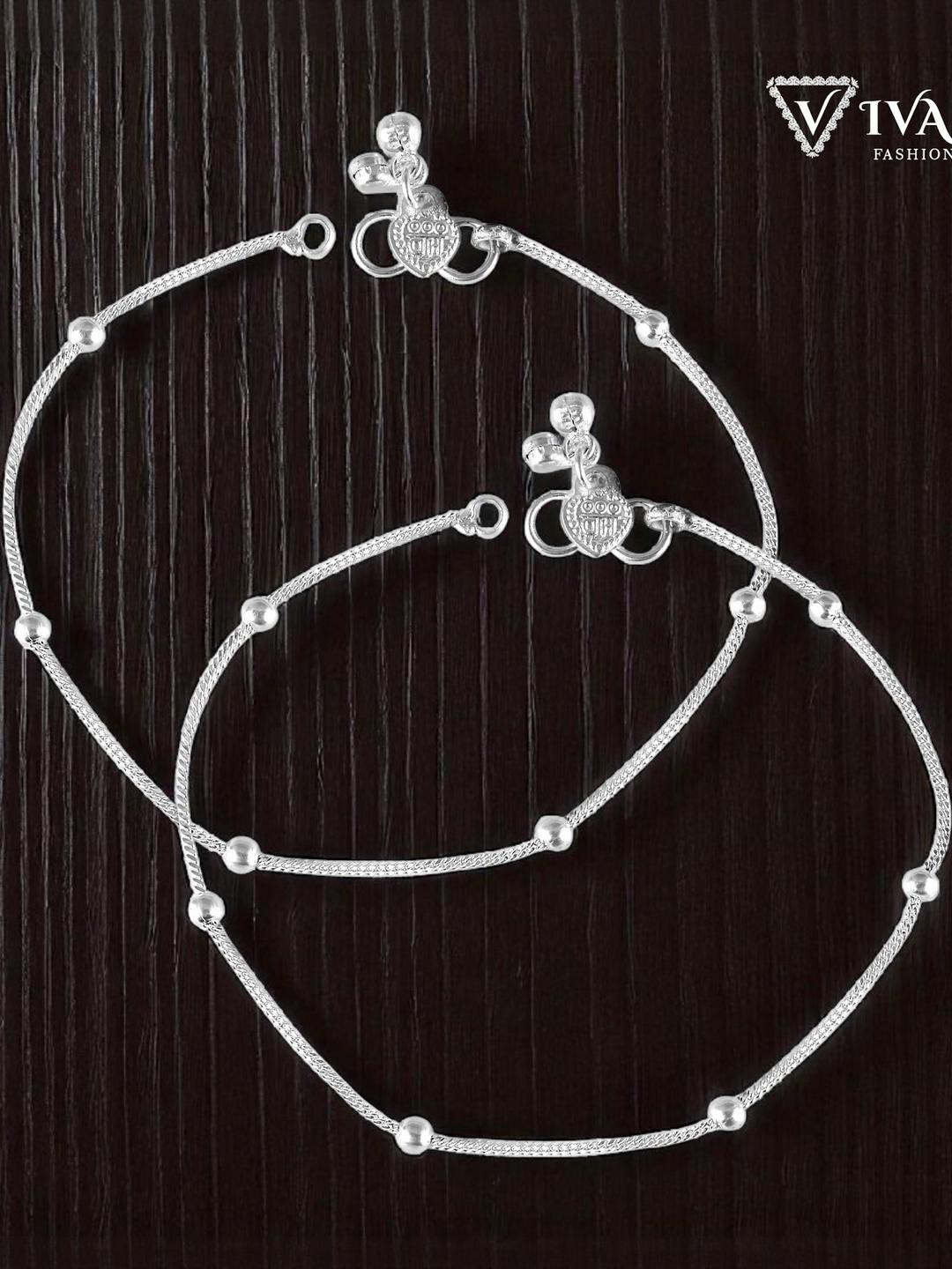 VIVASTRI Women 2 Pcs White Silver-Plated Artificial Beads Metal Anklets