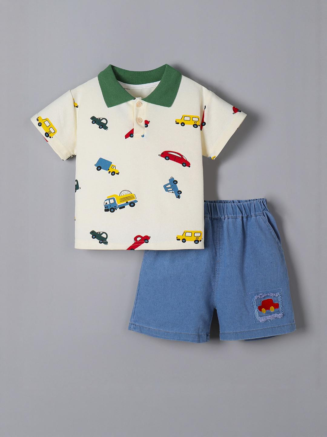 2-Pc Vehicle Embroidered Denim Short Set