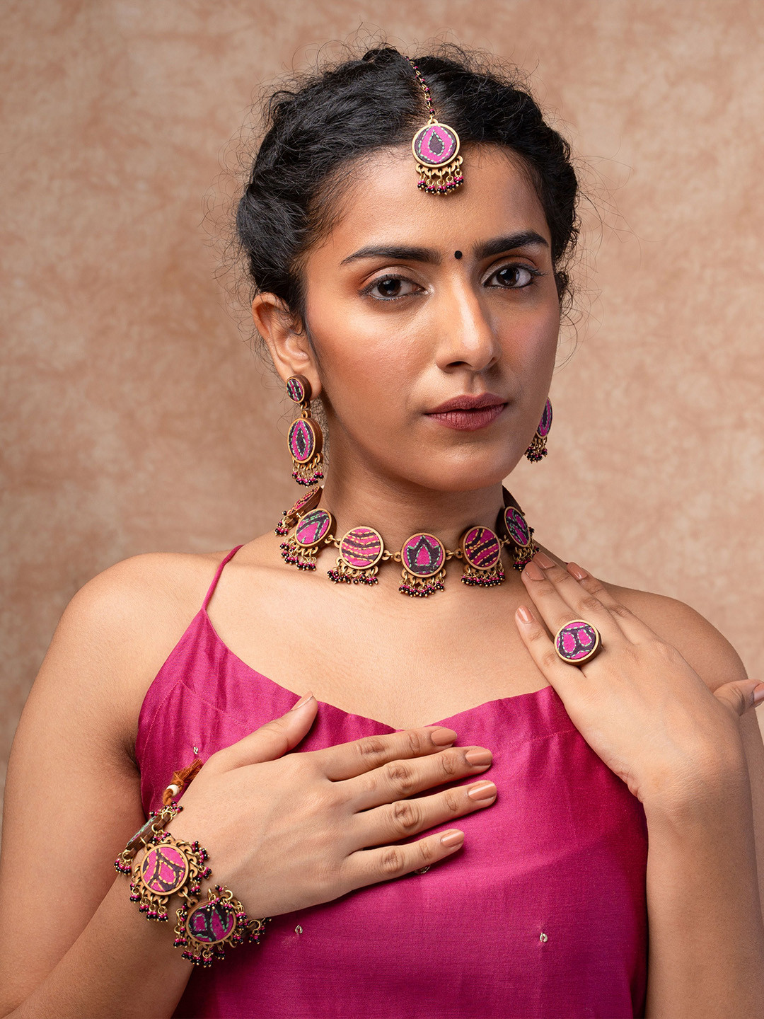 WHE Kantha Silk Fabric And Repurposed Wooden Artificial Beaded Statement Necklace