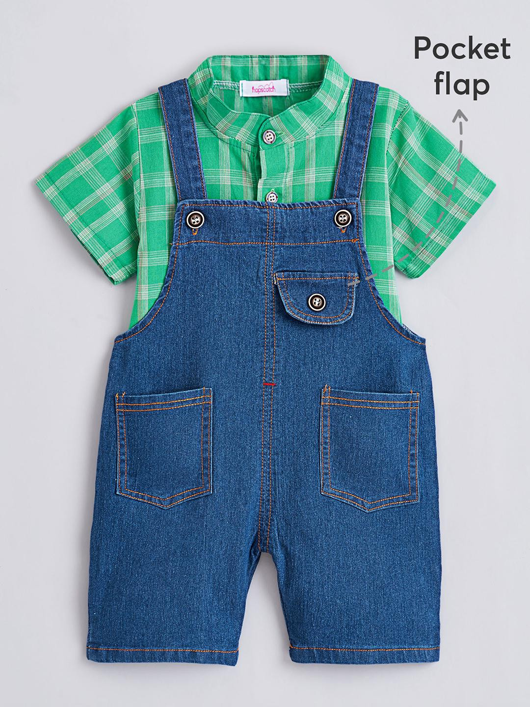 2-Pc Checked Shirt & Denim Dungaree